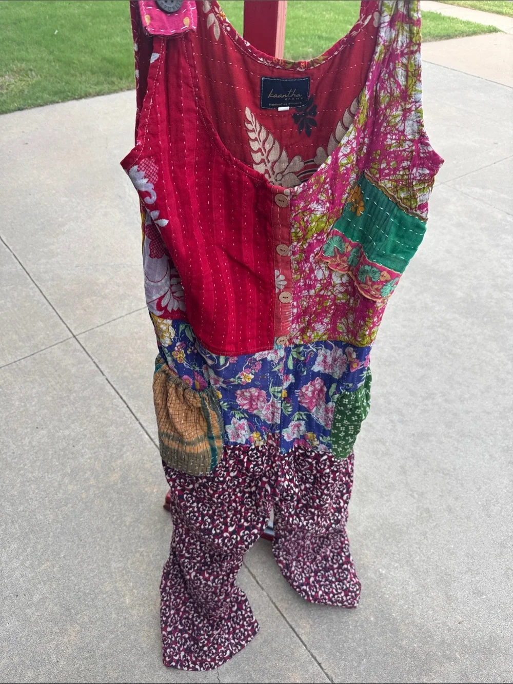 Kantha Patchwork Boho Jumpsuit with Button Front - Picture 3 of 12